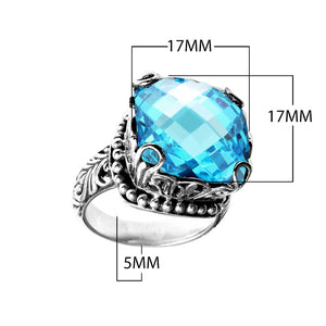Wholesale sterling silver ring with cushion-cut Blue Topaz Quartz, filigree band, and bead detailing, handcrafted in Bali.
