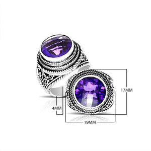 Sterling silver Balinese bold ring with round Amethyst Quartz and rope scroll design handcrafted in Bali.