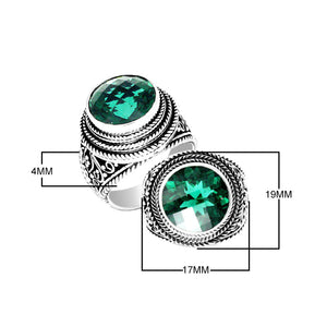Sterling silver handcrafted Bali ring with round Green Quartz and rope scroll detailing.
