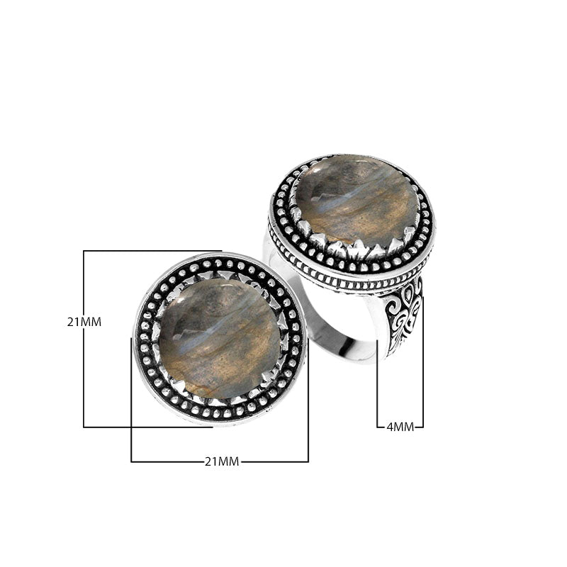 Sterling silver Labradorite ring with beaded halo and Balinese carvings handcrafted in Bali.