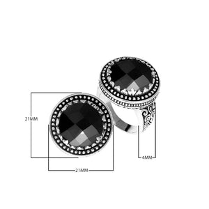 Sterling silver handcrafted Bali ring with faceted Black Onyx and beaded halo design.