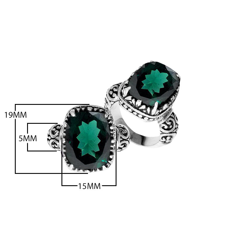 Sterling silver handcrafted Bali ring with cushion-cut Green Quartz and scrollwork design.