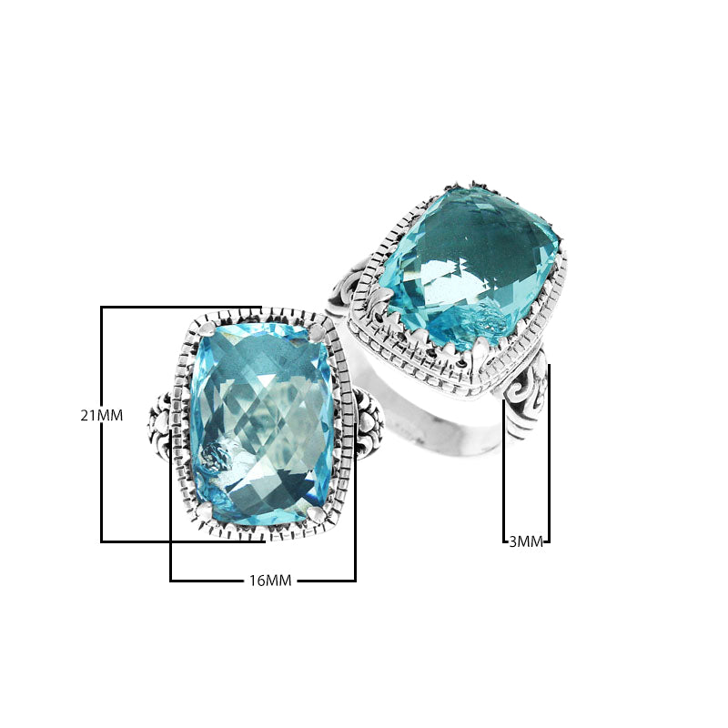 Wholesale sterling silver ring with cushion-cut Blue Topaz Quartz and Balinese detailing, handcrafted in Bali.