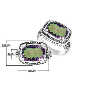 Wholesale sterling silver ring with cushion-cut Mystic Quartz in Green-Purple Tones and Balinese detailing.