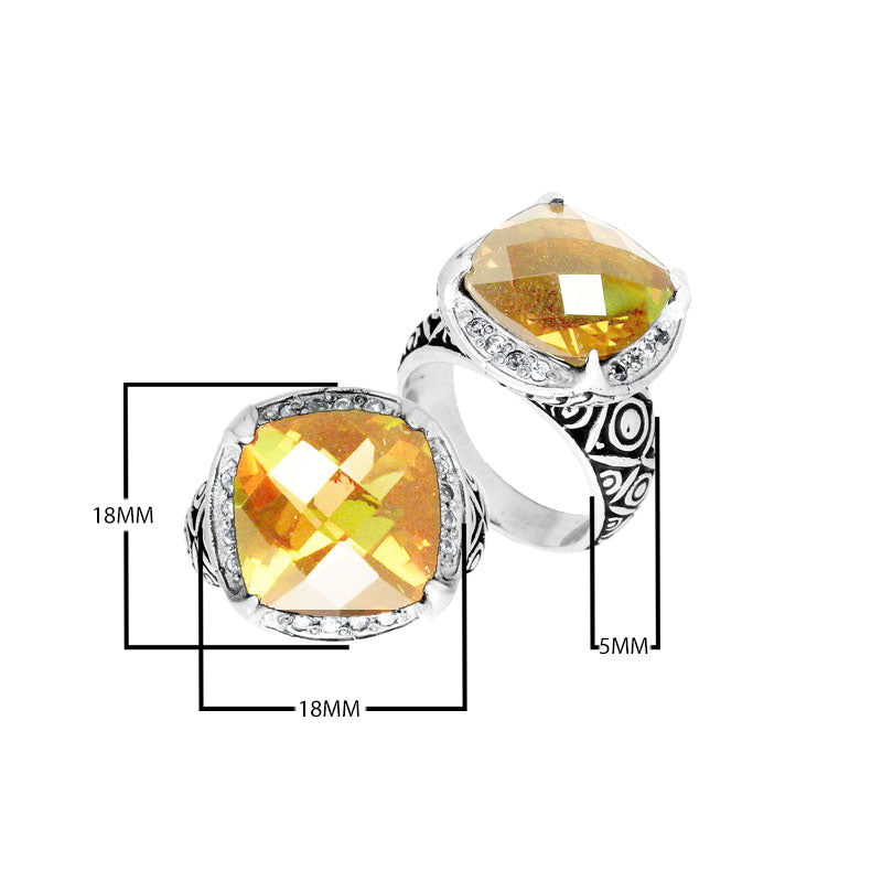 Wholesale sterling silver ring with cushion-cut Lemon Quartz and Balinese carvings, handcrafted in Bali.