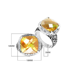 Wholesale sterling silver ring with cushion-cut Lemon Quartz and Balinese carvings, handcrafted in Bali.