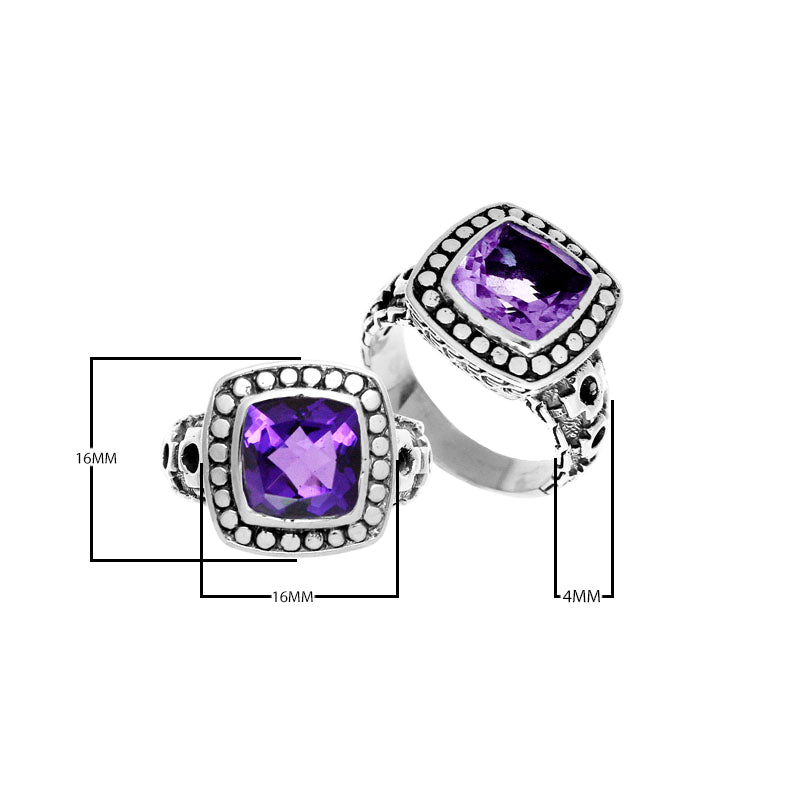 Wholesale sterling silver ring with cushion-cut Amethyst Quartz in a dotted bezel design.