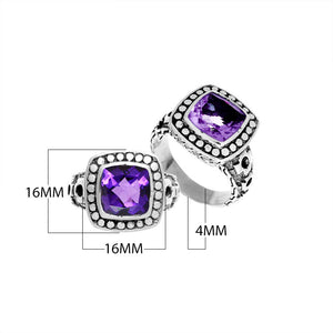 Wholesale sterling silver ring with cushion-cut Amethyst Quartz in a dotted bezel design.