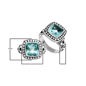 Wholesale sterling silver ring with cushion-cut Blue Topaz Quartz in a dotted bezel, handcrafted in Bali.