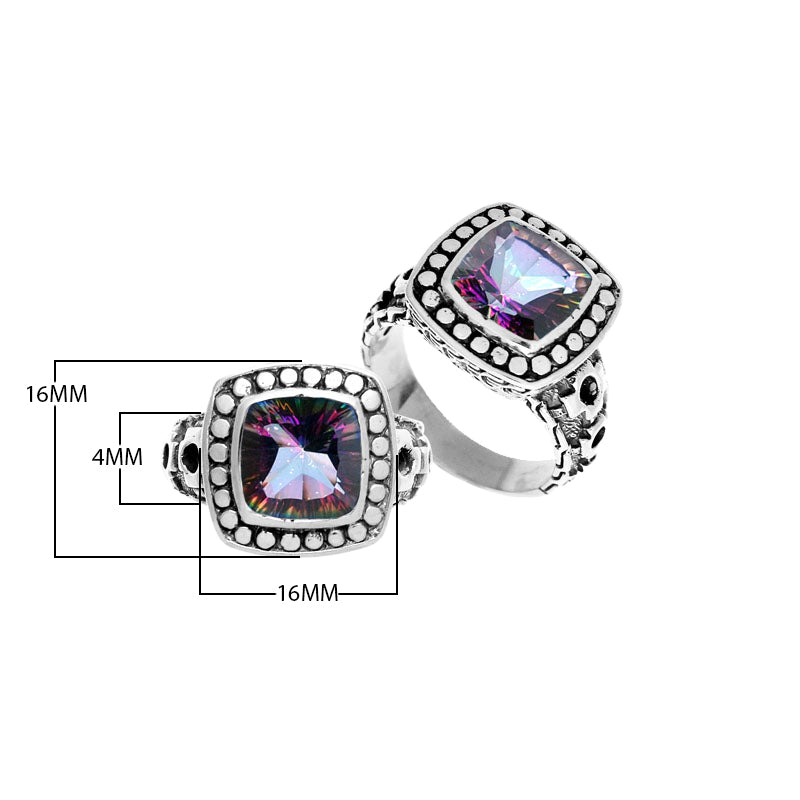 Wholesale sterling silver ring with cushion-cut Mystic Quartz in rainbow hues and dotted bezel design.