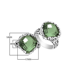 Wholesale sterling silver ring with Green Amethyst Quartz double stones and Balinese scroll design