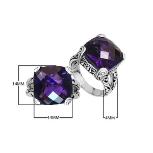 Handcrafted 925 sterling silver ring with cushion-cut Amethyst Quartz, ornate Bali design.