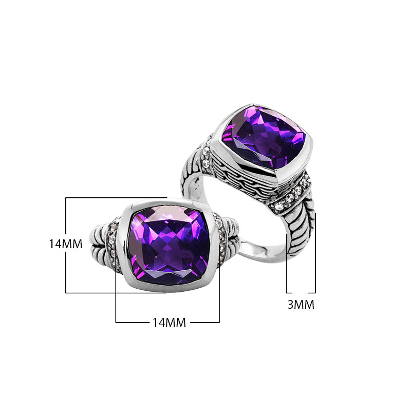 Handcrafted Amethyst Quartz and Cubic Zirconia sterling silver cushion-cut ring from Bali