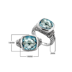 Wholesale Blue Topaz Quartz And Cubic Zirconia ring in 925 sterling silver, handcrafted in Bali with cushion-cut stone and detailed band.