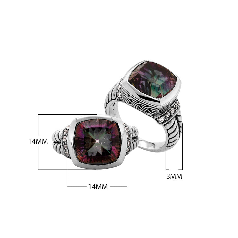 Wholesale Mystic Topaz Quartz And Cubic Zirconia ring in 925 sterling silver with cushion-cut rainbow stone and Balinese band detailing.