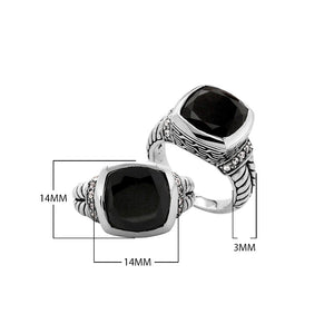 Wholesale Black Onyx Quartz And Cubic Zirconia ring in sterling silver with cushion-cut stone and detailed Balinese band.