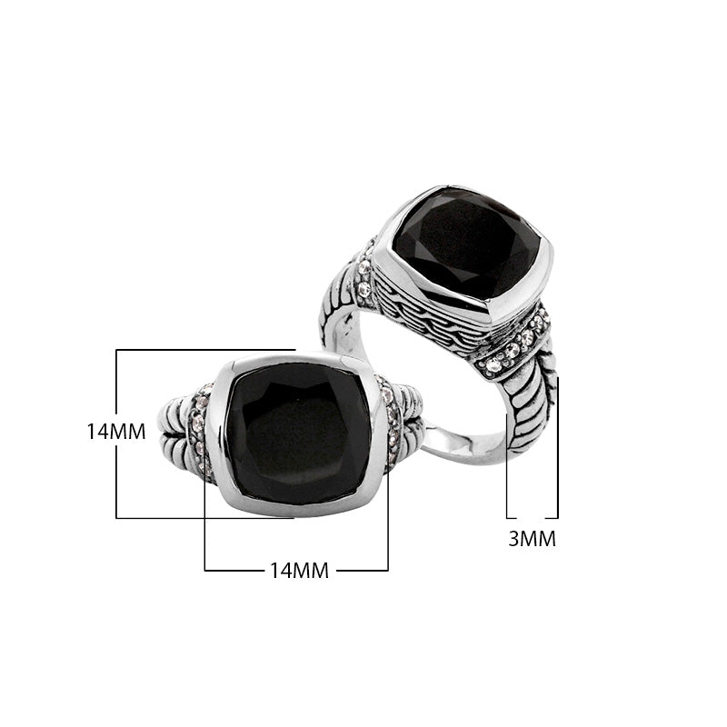 Wholesale Black Onyx Quartz And Cubic Zirconia ring in sterling silver with cushion-cut stone and detailed Balinese band.
