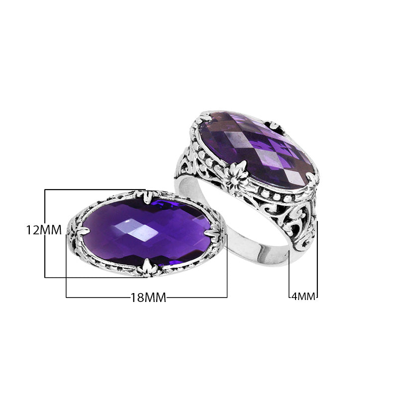 Handcrafted Amethyst Quartz oval sterling silver ring with Balinese floral detailing from Bali