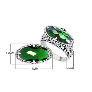 Handcrafted Green Quartz oval sterling silver ring with floral detailing from Bali