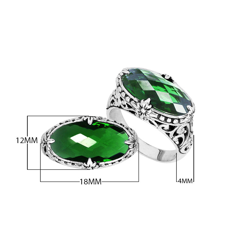 Handcrafted Green Quartz oval sterling silver ring with floral detailing from Bali