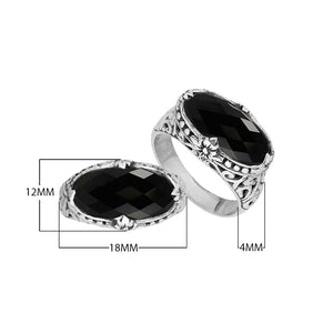 Handcrafted Black Onyx oval sterling silver ring with floral detailing from Bali