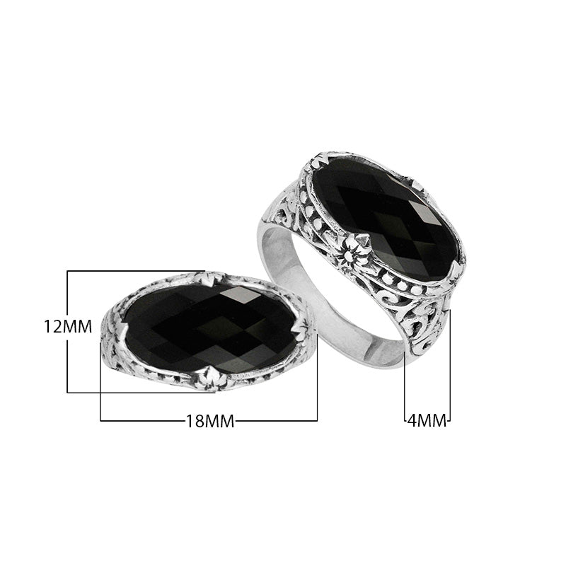 Handcrafted Black Onyx oval sterling silver ring with floral detailing from Bali