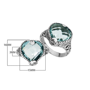 Handcrafted Blue Topaz Quartz heart-cut sterling silver ring with ornate Balinese detailing