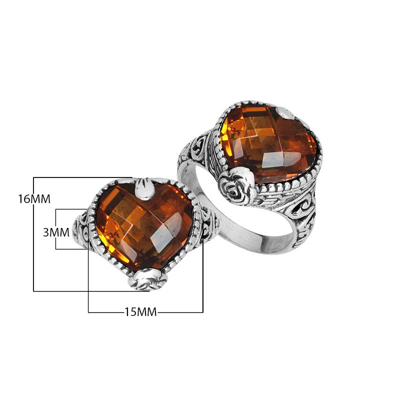 Handcrafted Citrine Quartz heart-cut sterling silver ring with ornate Balinese detailing