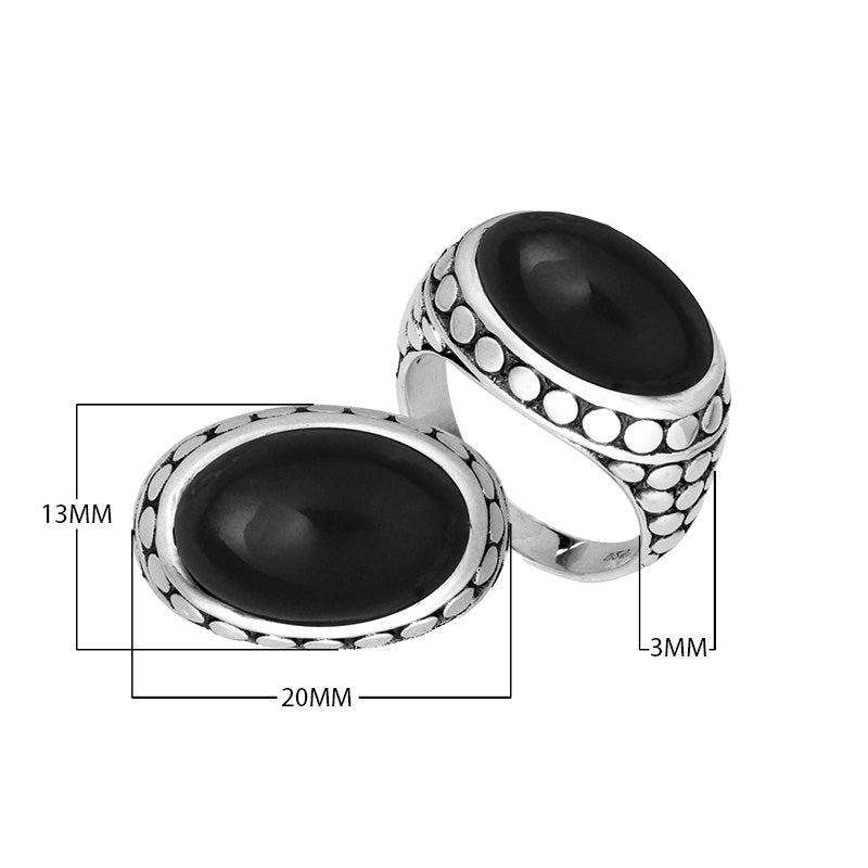 Wholesale 925 Sterling Silver ring with oval Black Onyx cabochon and dotted Balinese silver design
