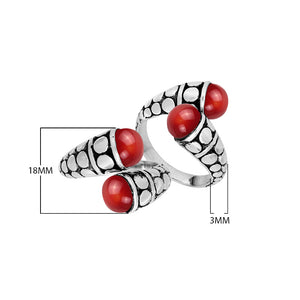 Wholesale Sterling Silver ring with double Red Coral cabochons and dotted Balinese split design