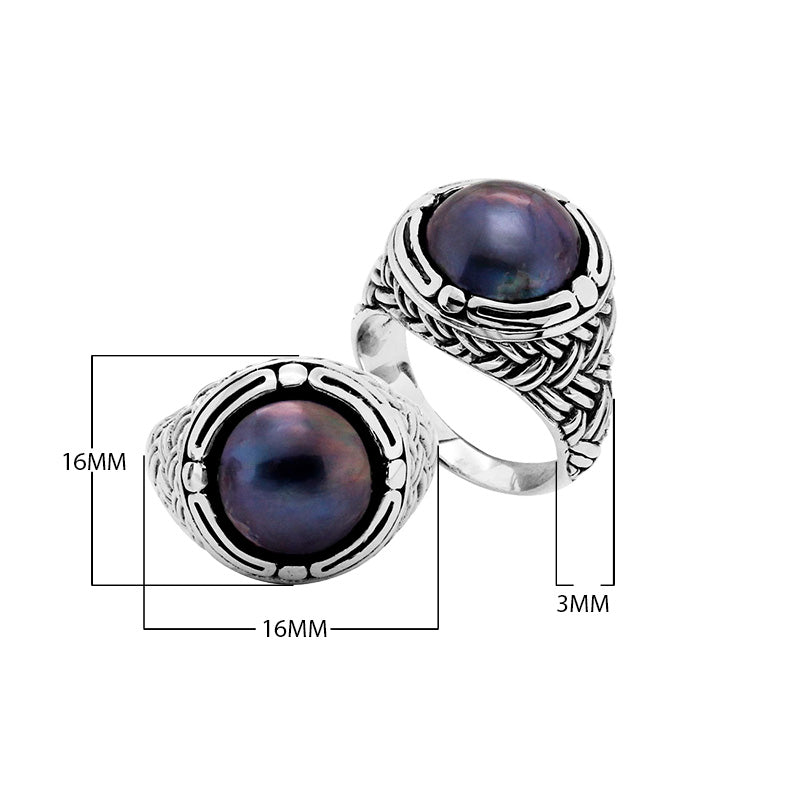 Wholesale Sterling Silver Round Shape Ring With Gray Pearl cabochon ring with woven Balinese band design