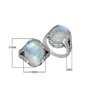 Wholesale Sterling Silver oval Rainbow Moonstone cabochon ring with Balinese engraved band design