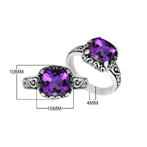 Wholesale Sterling Silver cushion-cut Amethyst Quartz faceted women’s ring with Balinese scroll engraving