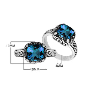 Wholesale Sterling Silver cushion-cut London Blue Topaz Quartz faceted women’s ring with Balinese scroll engraving