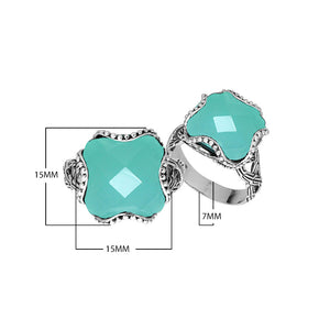 Wholesale Sterling Silver Green Chalcedony Quartz fancy cross-cut faceted women’s ring with bead edge and floral detailing