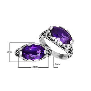 Sterling Silver oval shape Amethyst Quartz ring with handcrafted Balinese scroll detailing