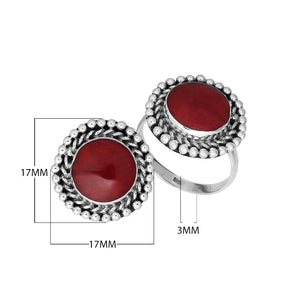 Sterling Silver round shape ring with Red Coral and handcrafted Balinese beaded design