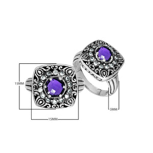 Sterling Silver Handcrafted Ornate Designer Square Shape Ring With Amethyst Quartz