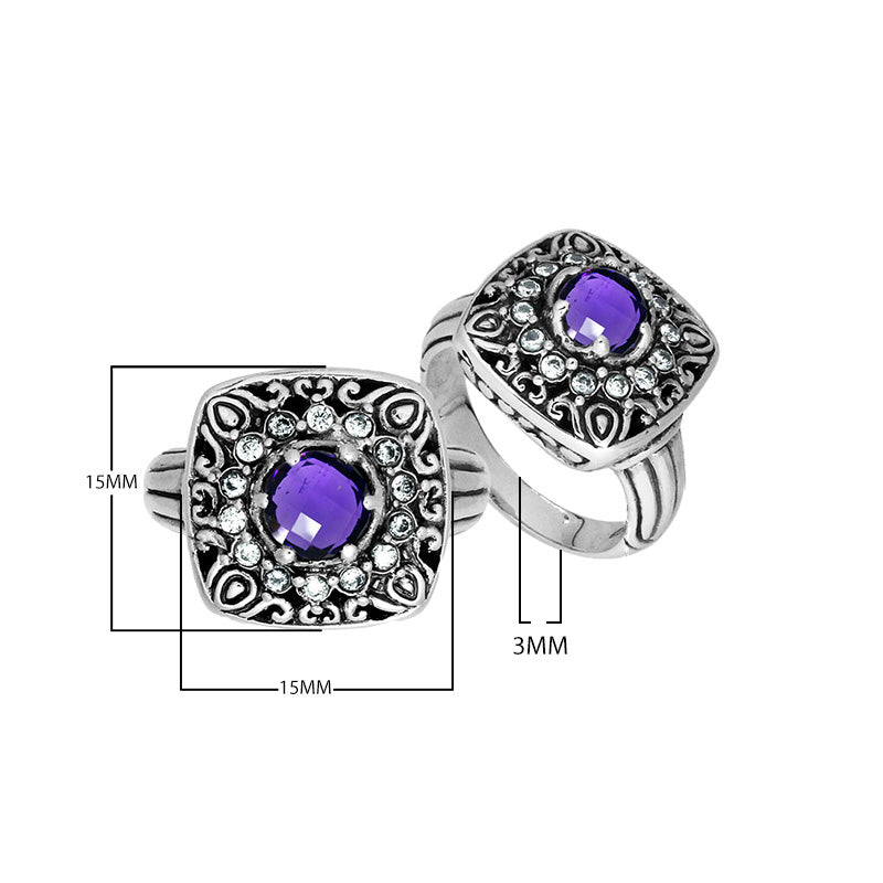 Sterling Silver Handcrafted Ornate Designer Square Shape Ring With Amethyst Quartz