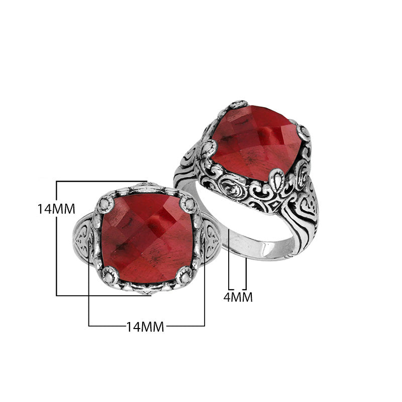 Sterling Silver Cushion Shape Ring with Ruby and Balinese pattern