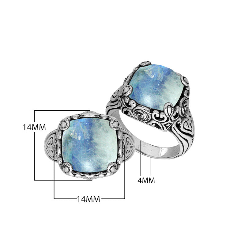 Sterling Silver Cushion Shape Ring with Rainbow Moonstone and Balinese pattern