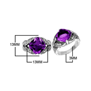 Sterling Silver Ornate Ring With Amethyst Quartz And Cubic Zirconia In Balinese Carving Design