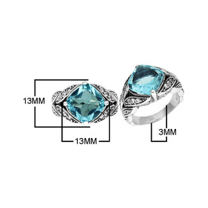 Sterling Silver Ornate Ring With Blue Topaz Quartz And Cubic Zirconia In Balinese Carving Design