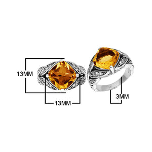 Sterling Silver Ornate Ring With Citrine Quartz And Cubic Zirconia In Balinese Carving Design
