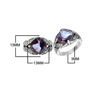 Sterling Silver Ornate Ring With Mystic Quartz And Cubic Zirconia In Balinese Carving Design