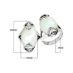 Sterling Silver Marquise Shape Statement Ring With Mother Of Pearl And Cubic Zirconia In Balinese Design