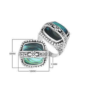 Sterling Silver Rectangular Shape Statement Ring With Abalone Shell And Floral Pattern