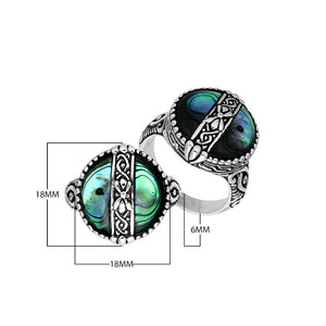 Sterling Silver Round Shape Statement Ring With Abalone Shell And Balinese Pattern