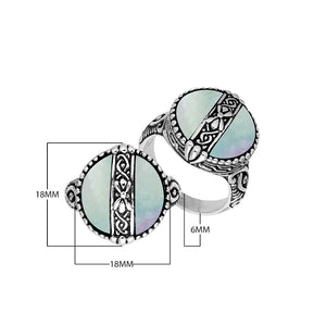 Sterling Silver Round Shape Statement Ring With Mother Of Pearl And Balinese Pattern