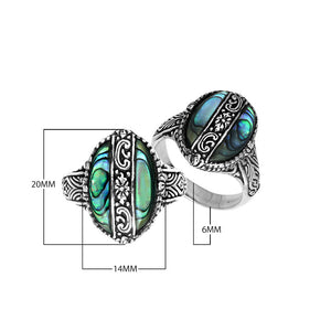 Sterling Silver Oval Shape Statement Ring With Abalone Shell And Balinese Floral Pattern